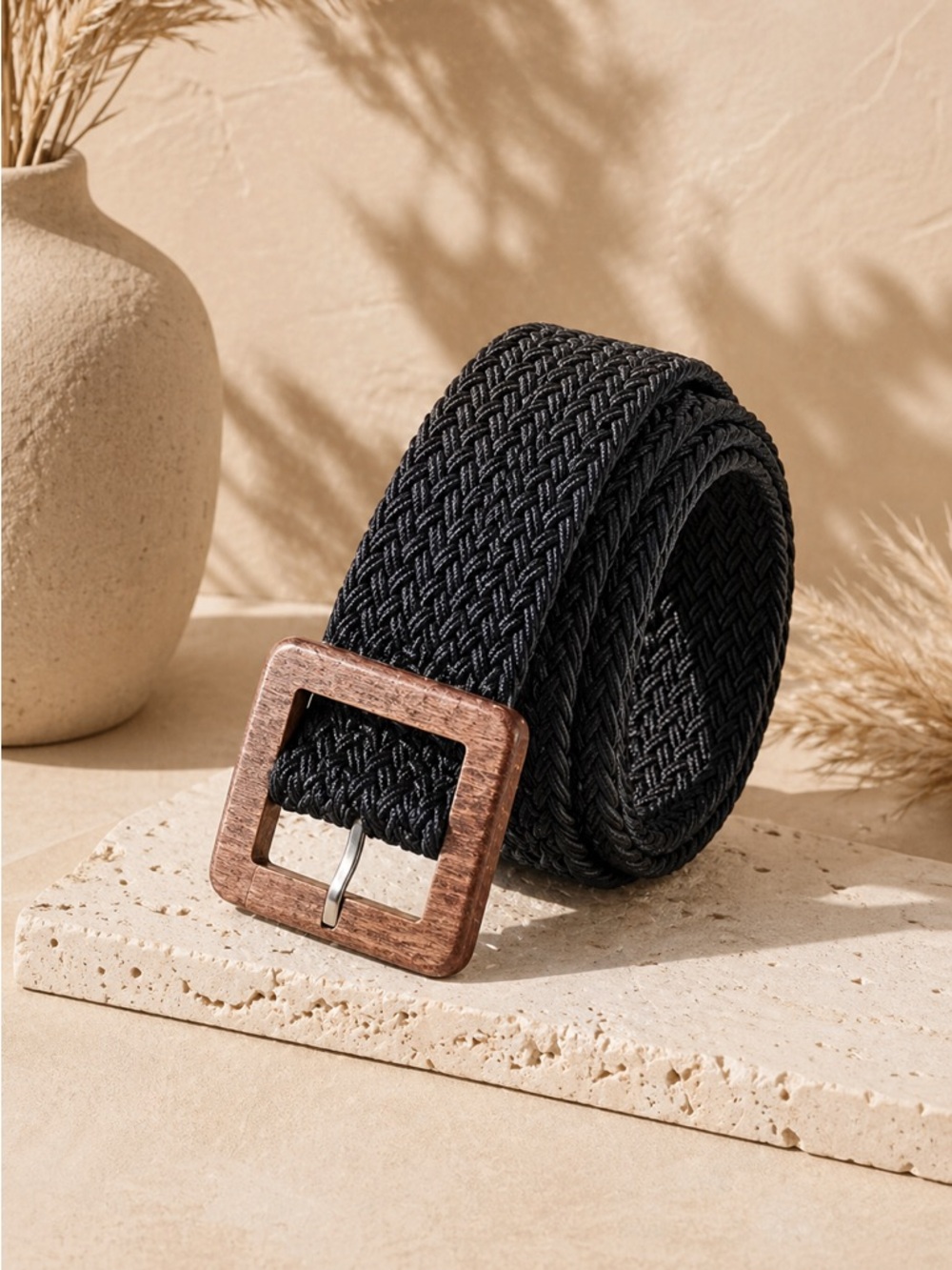 WOVEN PULSE BLACK WOODEN BUCKLE BRAIDED BELT